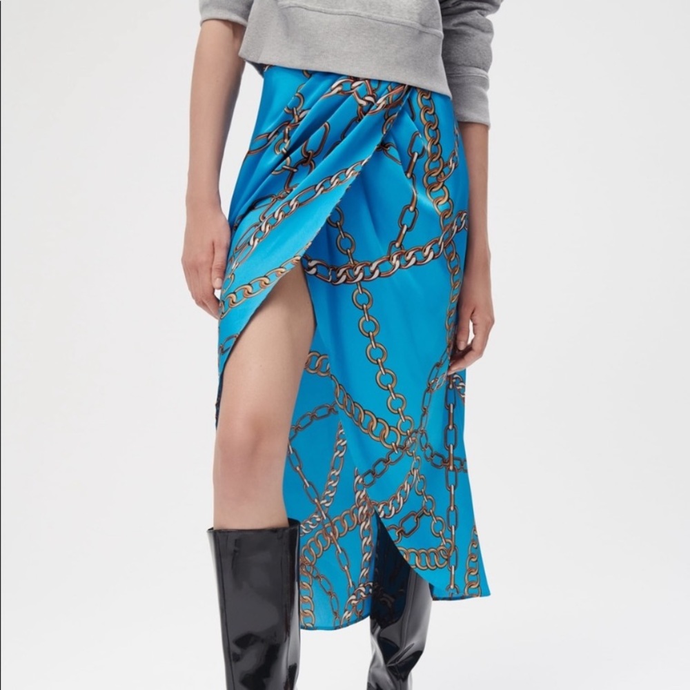 Zara Bright Blue Chain-Print Wrap Skirt